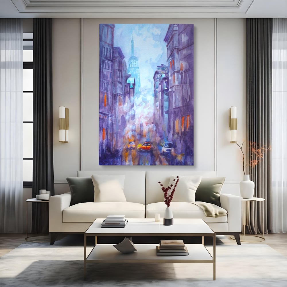 Tablou canvas cu tablou canvas pictura urbana cu masina portocaliu, fara rama, pe sasiu de lemn, pe perete intr-un living